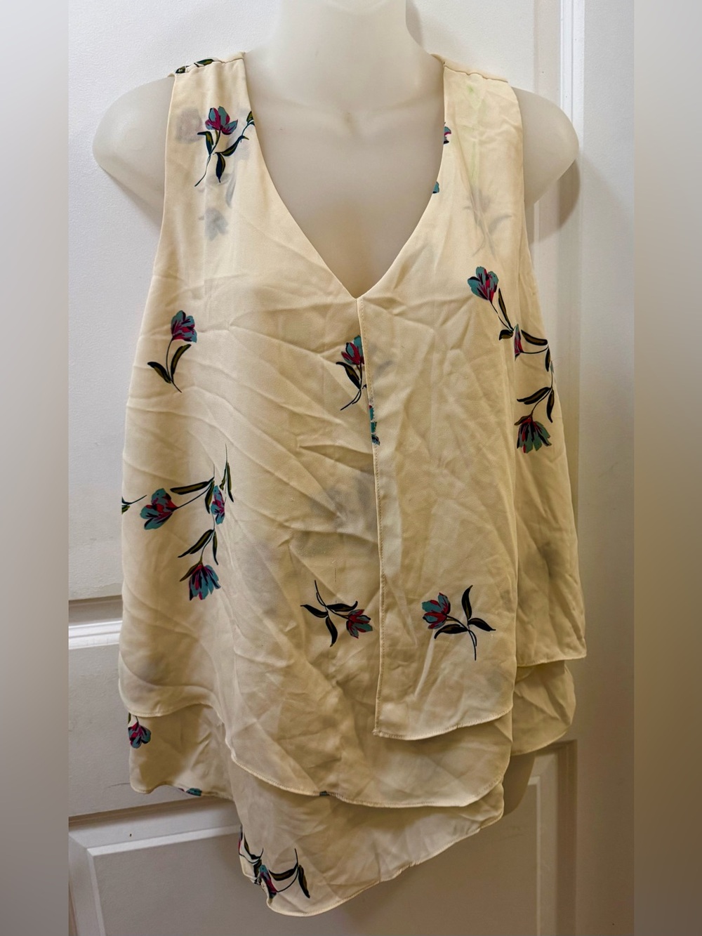 Zac & Rachel Cream Floral V-Neck Layered Sleeveless Top | Sz L